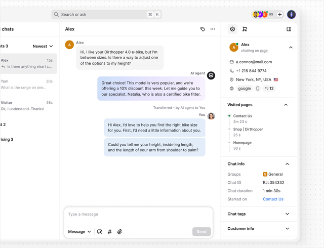 AI live chat in Text App for automation and workflows