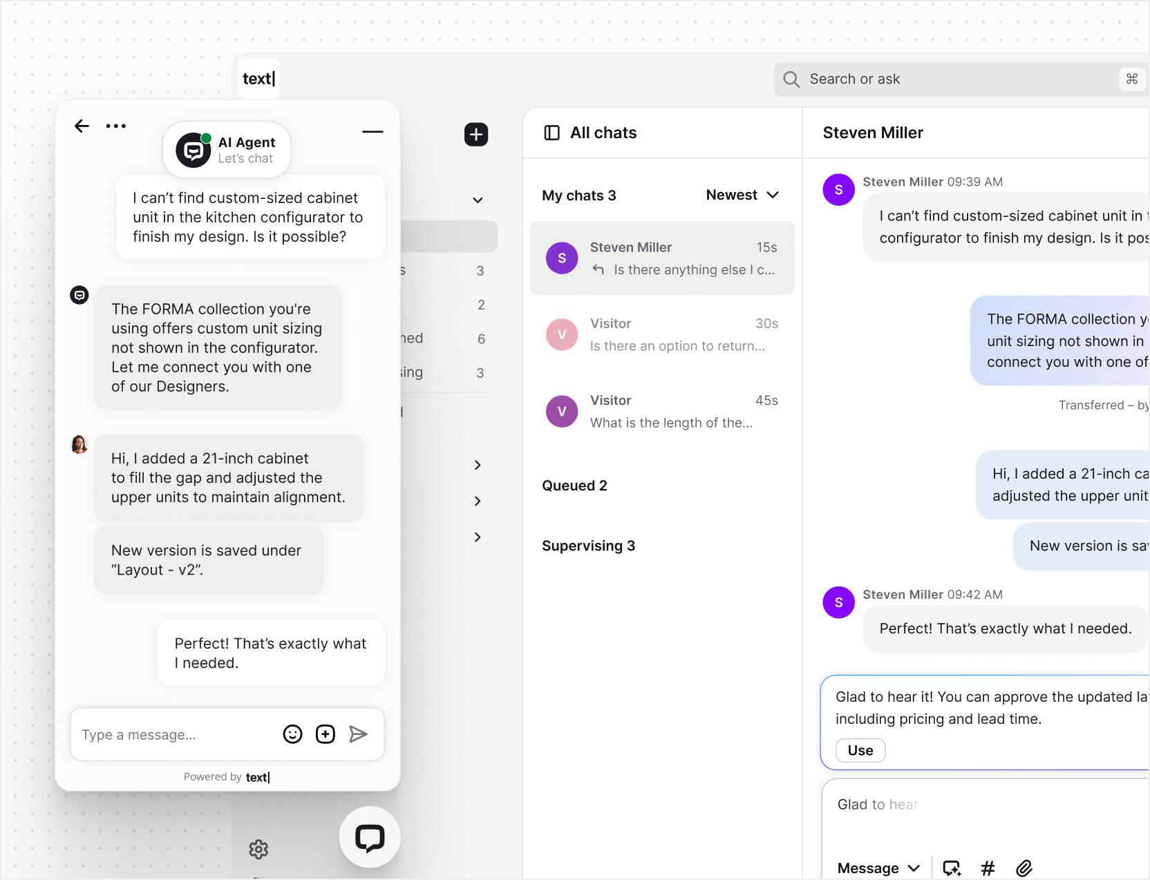 AI live chat in Text App for software